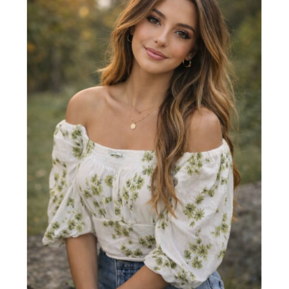 Abercrombie & Fitch White Off-Shoulder Floral Peasant Blouse